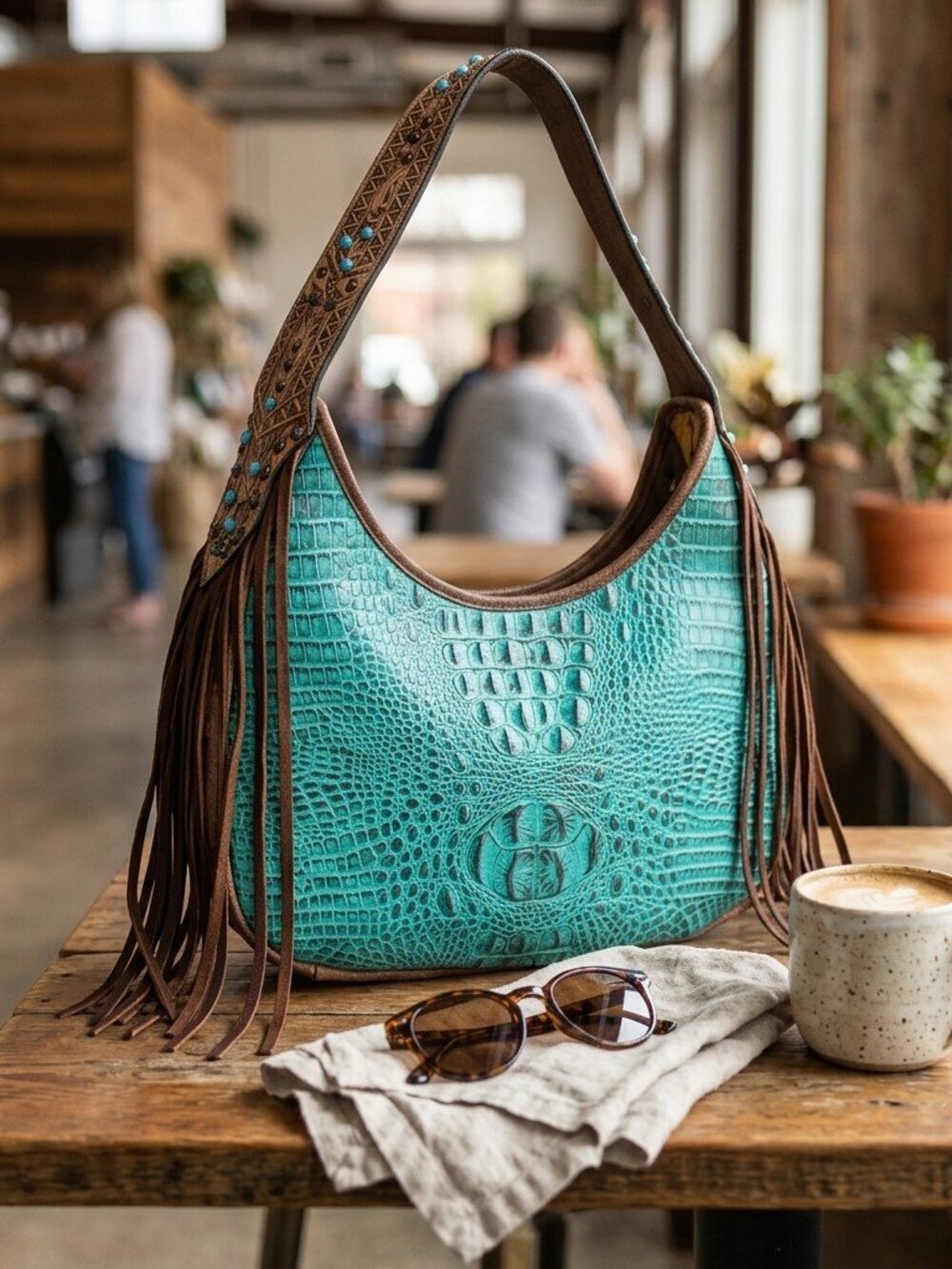 American Darling Turquoise Croc Fringe Shoulder Bag - Picture 5 of 5